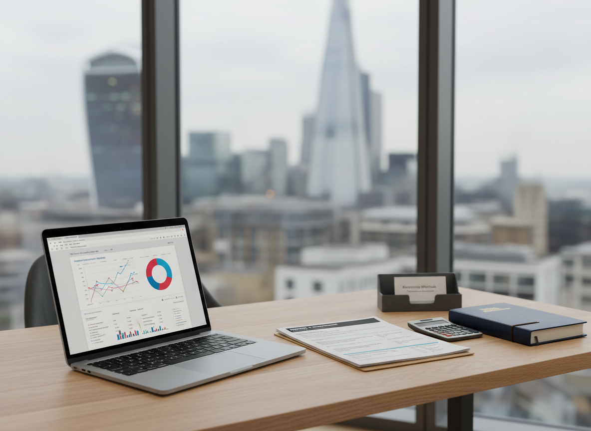 A sleek, uncluttered accountant’s desk representing “Professional Accountant Katarzyna Wiertelak” in a modern London office. A high-quality laptop displays a colourful but text-free financial dashboard, next to neatly stacked UK tax forms, a closed navy ledger, and a slim calculator on a pale oak desk. Through a large window, an out-of-focus London skyline with a hint of landmark architecture suggests location. Soft daylight from the window bathes the scene, creating gentle reflections on the laptop screen and subtle shadows under objects. Photographic realism, eye-level composition with shallow depth of field keeps the focus on the organised workspace, creating a calm, trustworthy, and professional atmosphere suitable for a home-page hero image for a UK accounting practice.