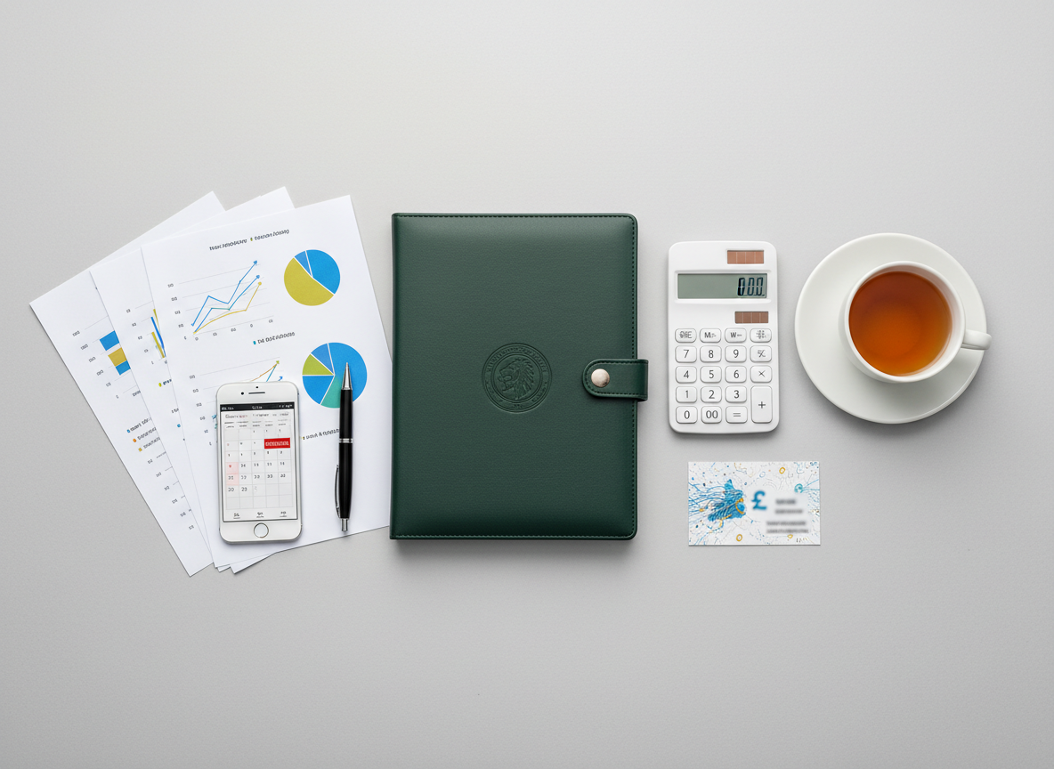 An elegant flat-lay of UK accounting essentials curated for individual taxpayers and small businesses. On a smooth light grey surface lie neatly arranged printed financial charts, a closed dark green folder labelled only with a subtle embossed emblem, a smartphone showing a colourful calendar, a pen, and a calculator, alongside a ceramic cup of tea on a white saucer. A discreet business card with abstract iconography suggests contact information without readable text. Soft diffused overhead lighting reduces harsh shadows, giving the image a clean, modern look. Photographic realism with sharp focus across the frame and a balanced composition evokes clarity, organisation, and approachability, ideal for illustrating services and contact options for a London-based accountant.